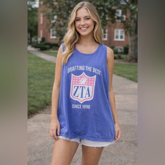Comfort Colors Tops - Zeta Tau Alpha ZTA Oversized Blue Comfort Colors Tank | Sorority | L